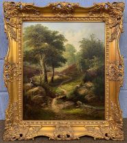 G.Bates (British,1851-1911), Wooded landscape with stream and foorbridge, signed lower right, oil on