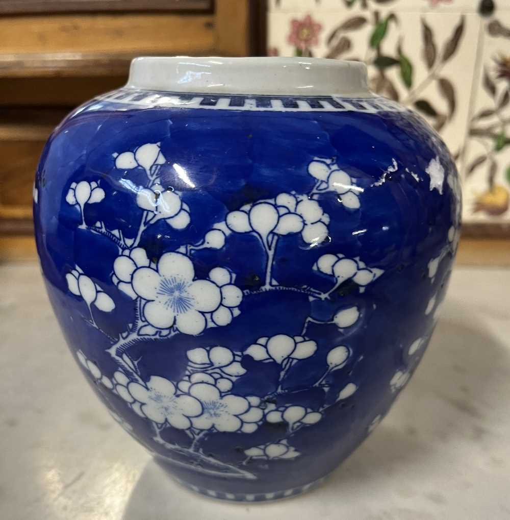Chinese porcelain ginger jar 19th Century decorated with prunus on a blue ground - Image 12 of 14