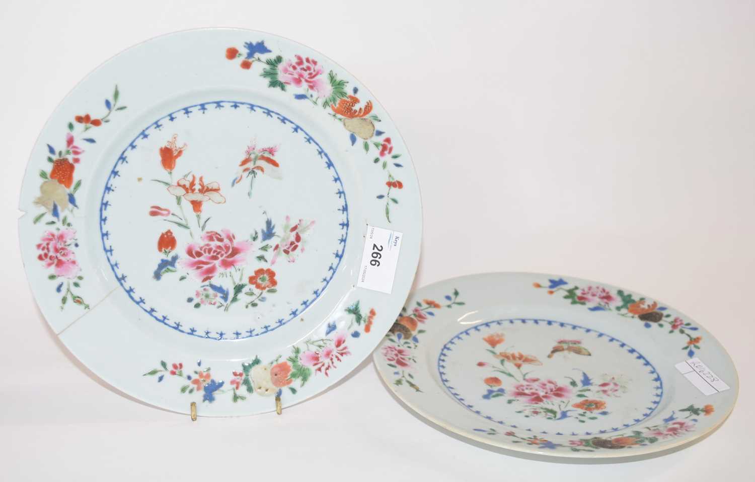 Two 18th Century Chinese porcelain famille rose plates, 23cm diameter, (one with crack and chip) - Image 2 of 10