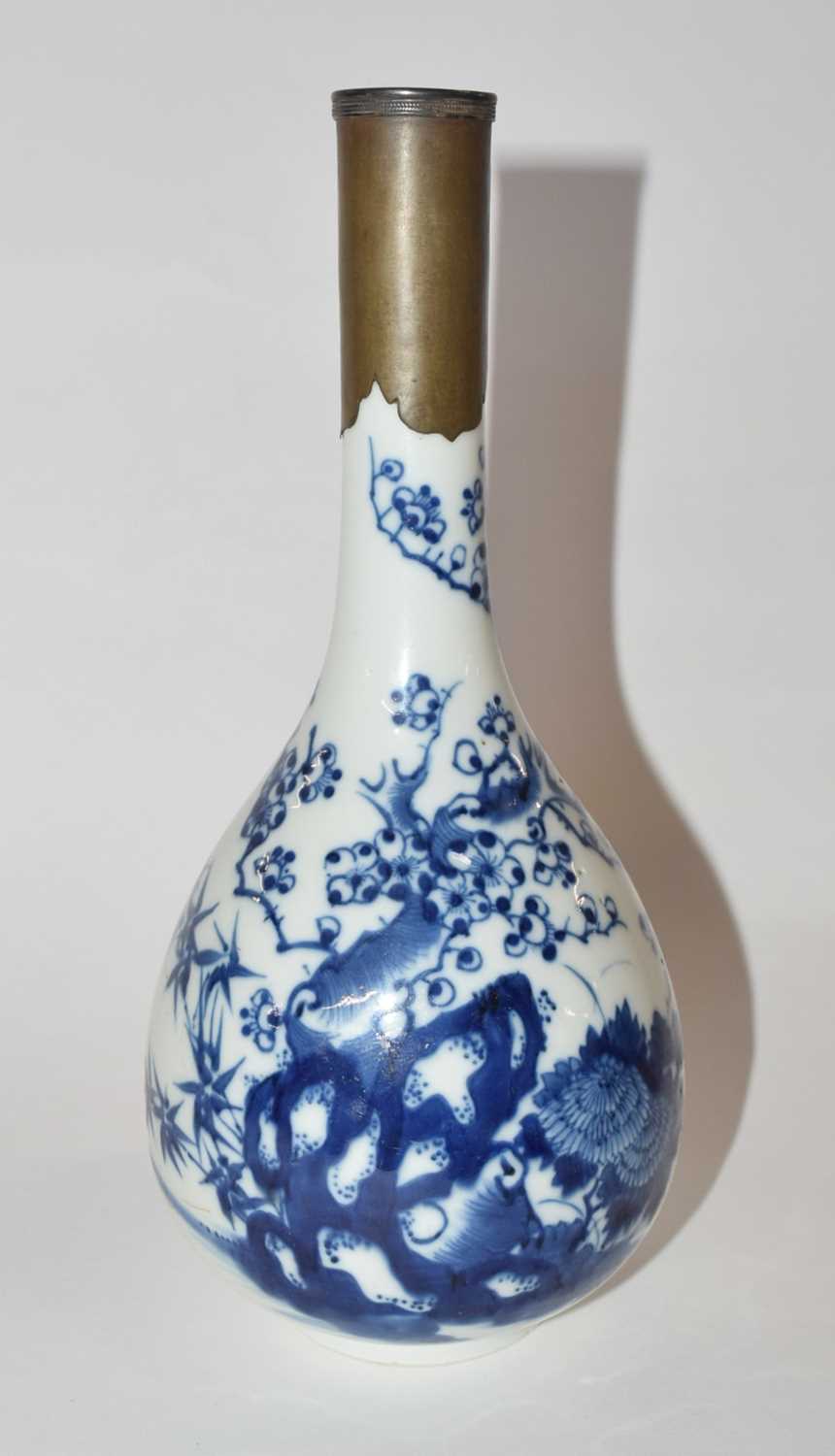 A Chinese porcelain vase, baluster body with blue and white decoration and metal repair to rim - Image 4 of 8