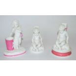 A group of three 19th Century white glazed spill vases, modelled as cherubs, one on a pink