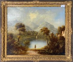 Scottish School, 20th century, A figure looks out over a highland / loch, oil on canvas, unsigned,