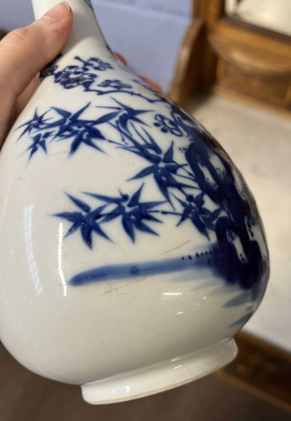 A Chinese porcelain vase, baluster body with blue and white decoration and metal repair to rim - Image 8 of 8