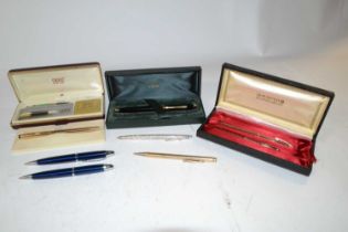 A grouped lot Fountain pens, propelling pencils and ball point pens comprising: Sheaffer 14k G.F