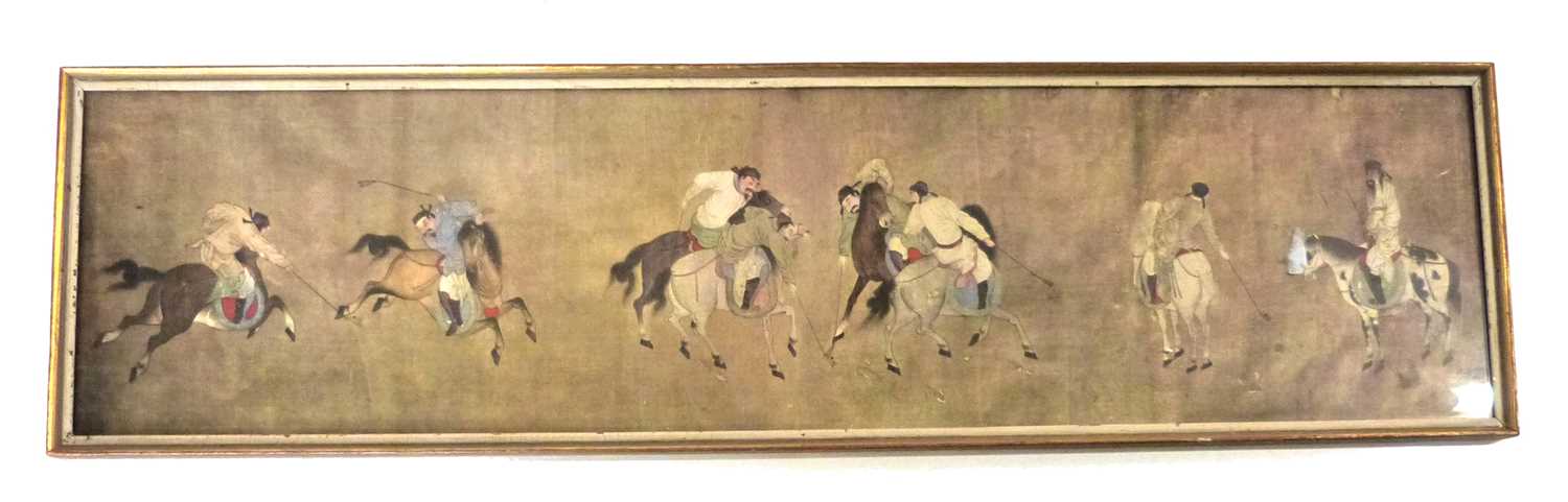 A framed print of Li Ling polo players, probably Ming Dynasty, the image 74cm long