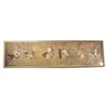 A framed print of Li Ling polo players, probably Ming Dynasty, the image 74cm long