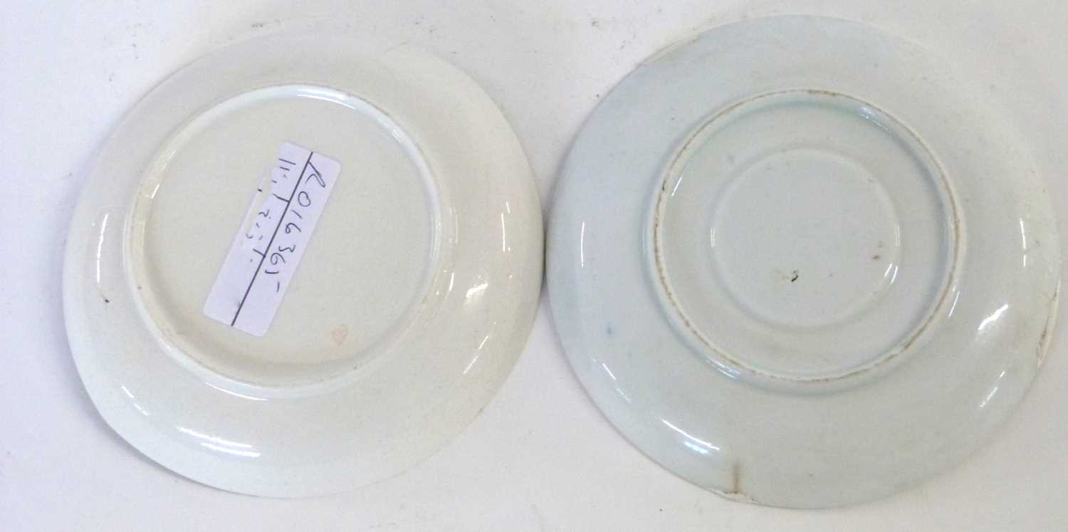 Two 18th Century Bow saucers one of ribbed form with blue and white decoration and a further - Image 2 of 2