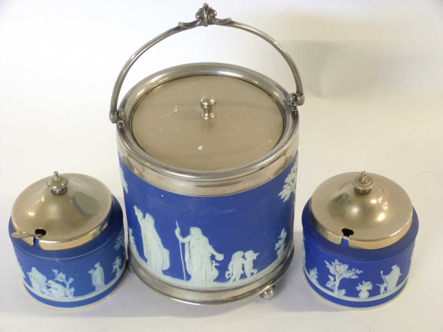 A blue jasper ware biscuit barrel with plated mounts together with two blue jasper ware jam pots - Image 3 of 3