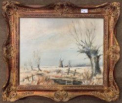 John Adamson (British, 20th century), Broadland view at winter, oil on canvas, signed, 39x50cm,
