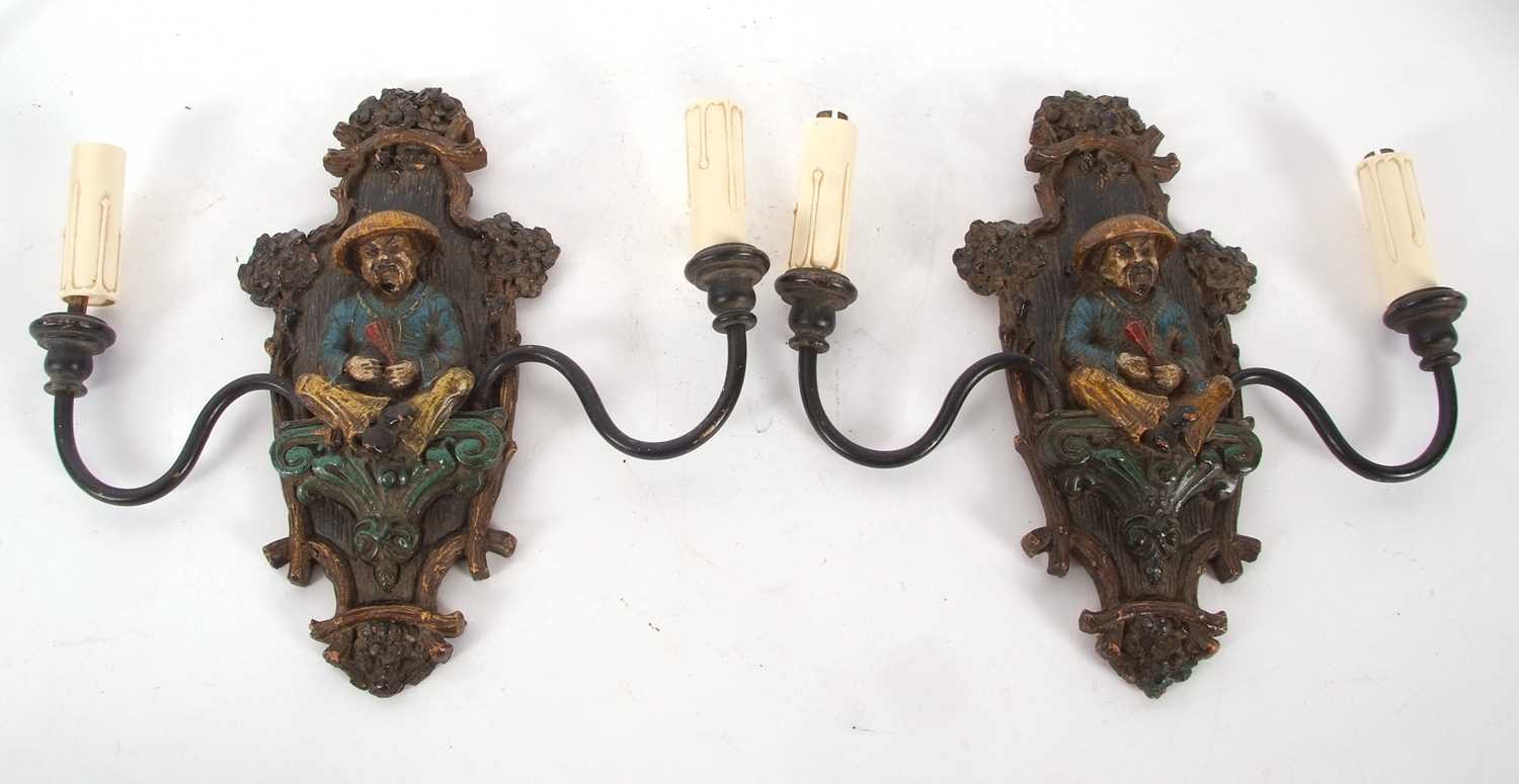 A pair of early 20th Century wall lights with central polychrome panel decorated with a Chinese - Image 2 of 9