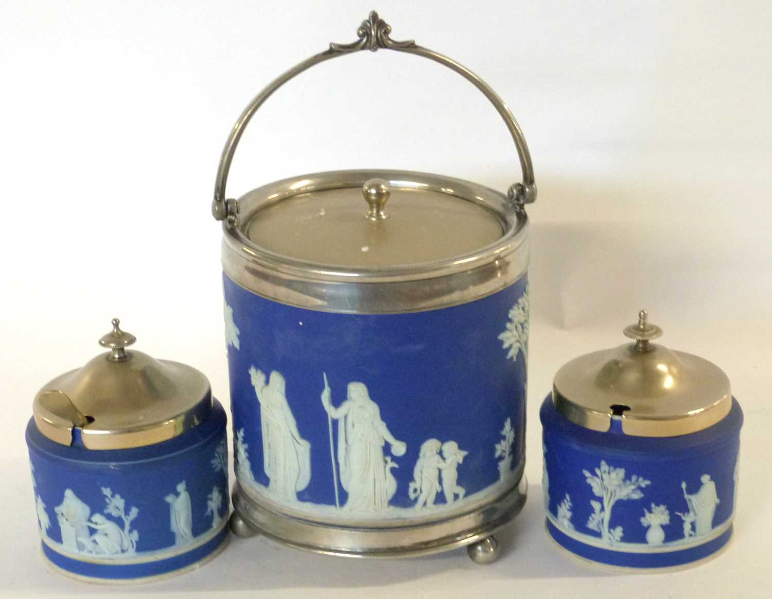 A blue jasper ware biscuit barrel with plated mounts together with two blue jasper ware jam pots - Image 2 of 3