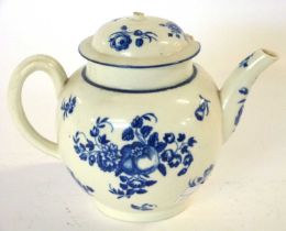 A Worcester porcelain teapot and cover, 18th Century, decorated with prints of fruit (knop missing)