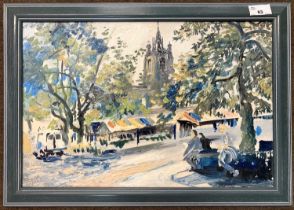 David Poole (British, b.1931), Norwich Market, impasto oil on board, initialed, 29x44.5cm, framed