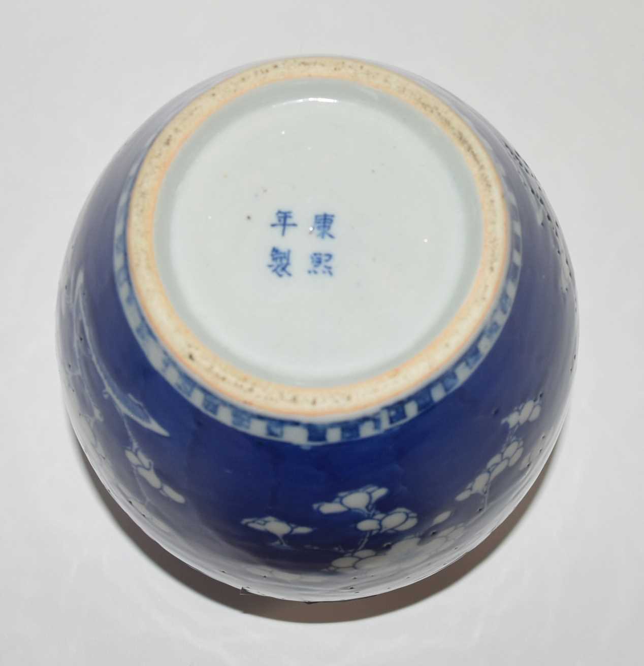 Chinese porcelain ginger jar 19th Century decorated with prunus on a blue ground - Image 6 of 14