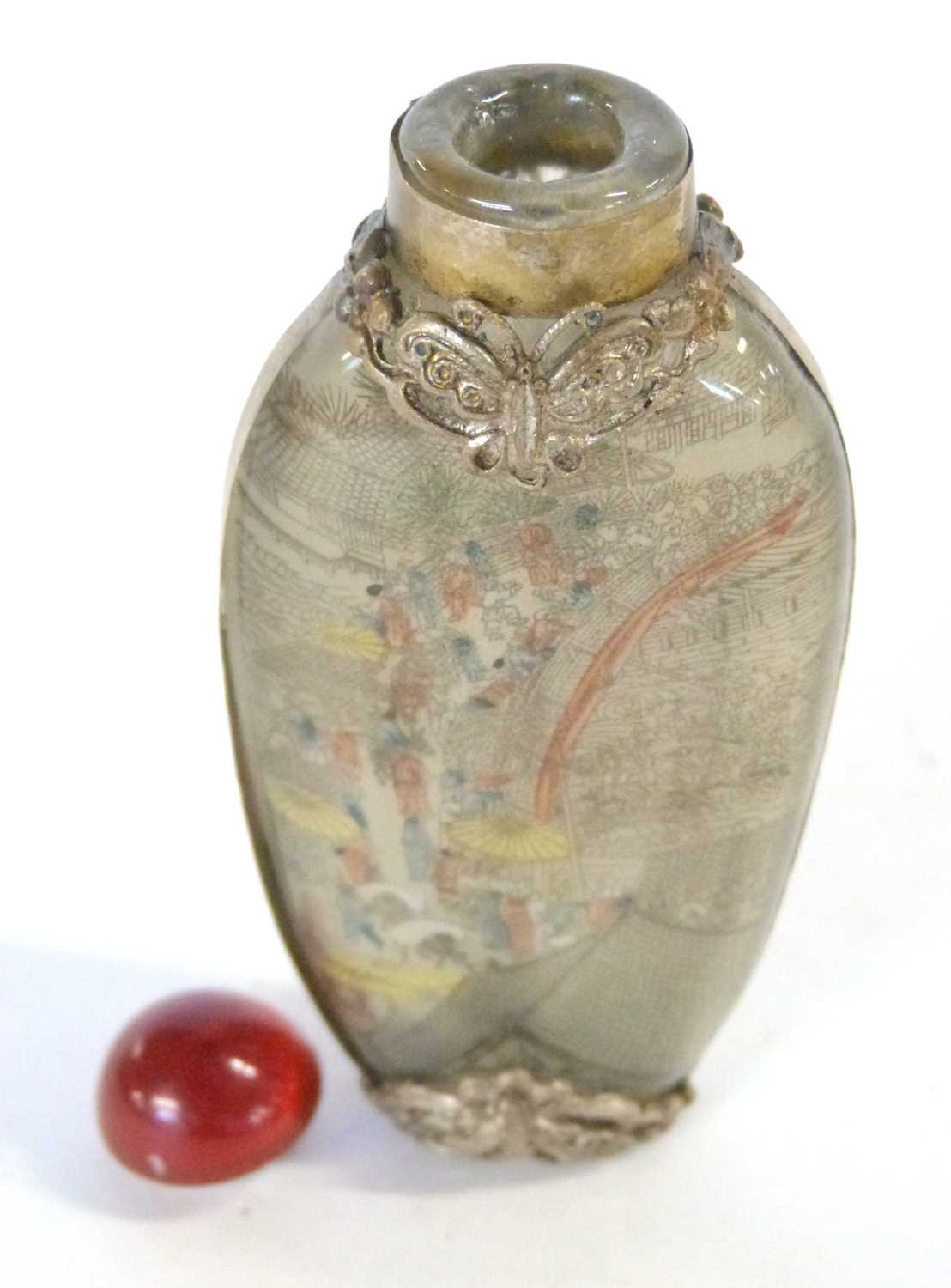 Antique Chinese reverse-painted snuff bottle with hardstone stopper and decorated with intricate - Image 7 of 8