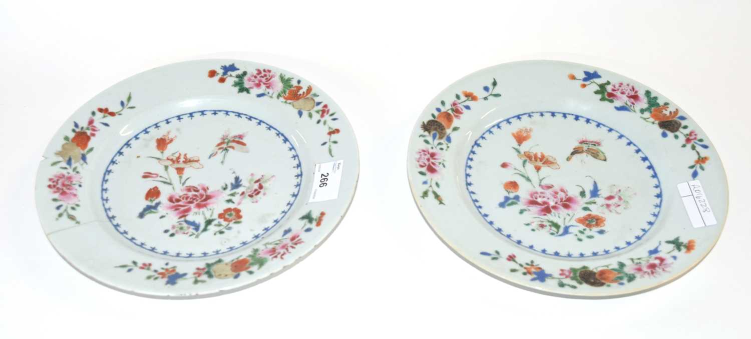 Two 18th Century Chinese porcelain famille rose plates, 23cm diameter, (one with crack and chip)