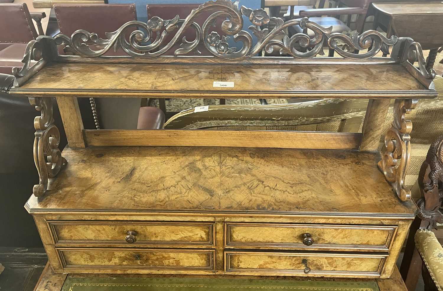 A Victorian walnut veneered ladies writing desk with galleried shelf over four drawers, a tooled - Bild 2 aus 5