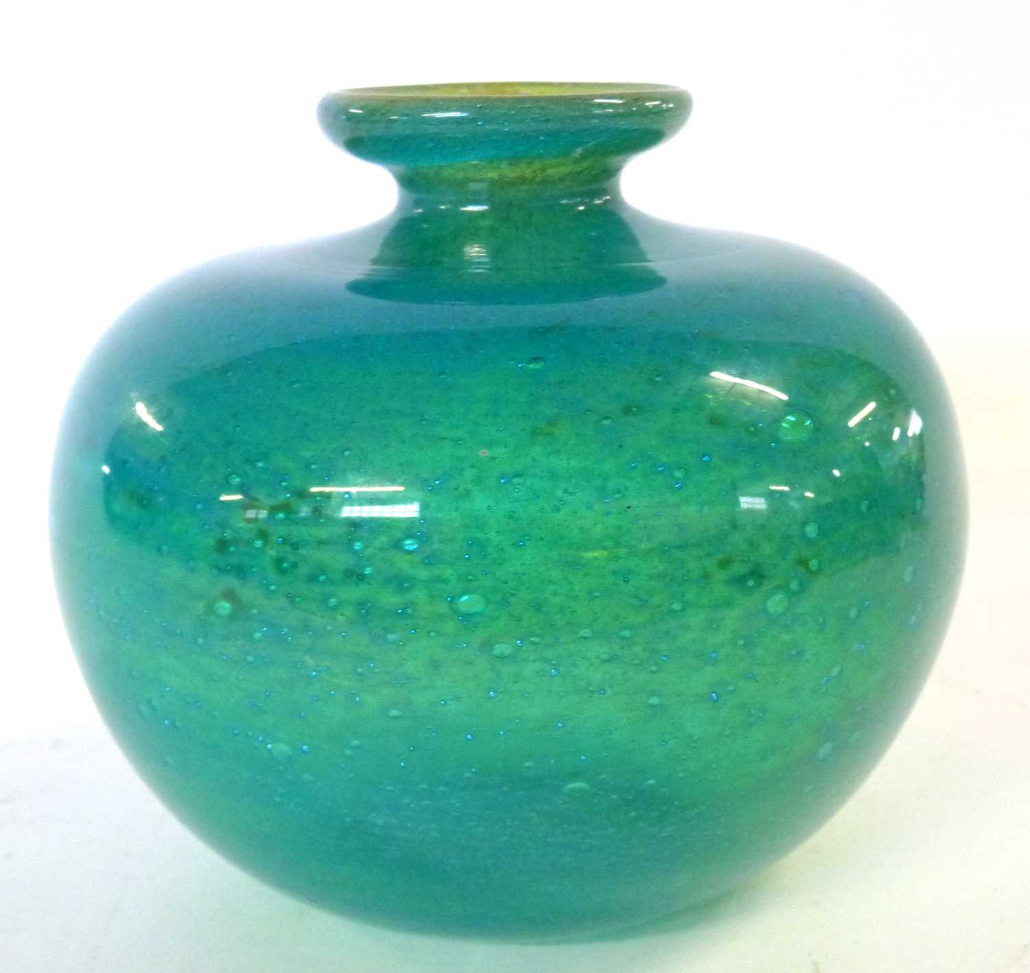 A very rare early Mdina Glass spherical vase with blue/green bubbled exterior and sandy coloured
