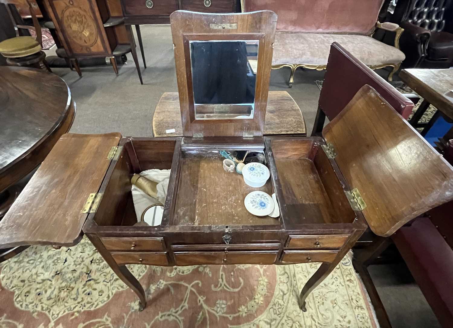 A late 19th Dutchdressing table, the metamorphic top with floral inlay a lift up central mirror - Image 5 of 5
