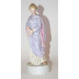 A continental porcelain figure of a medieval lady on circular base, blue cross swords mark to