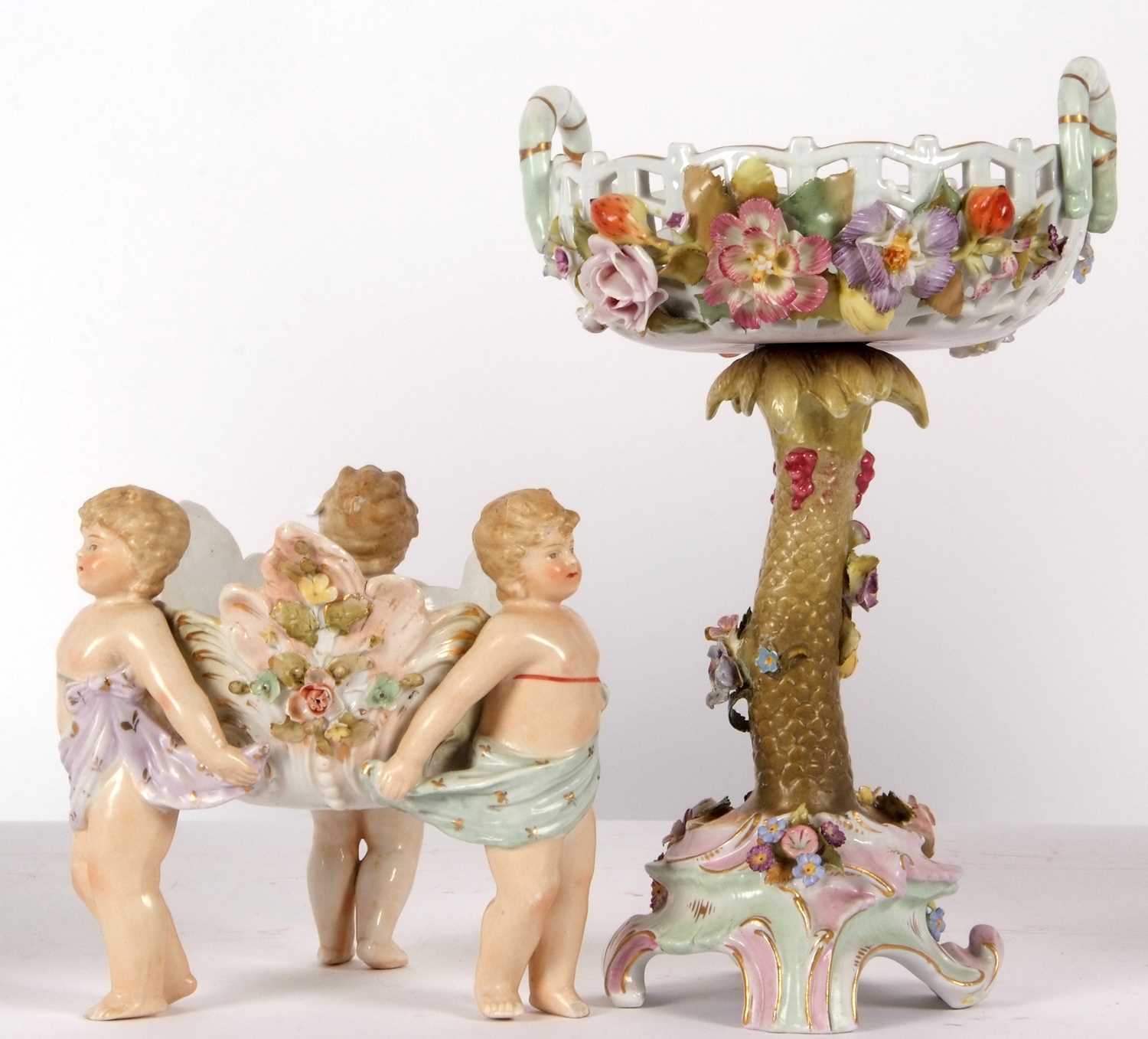 A continental porcelain centre piece modelled as a pierced basket with floral decoration on a tree - Image 4 of 9