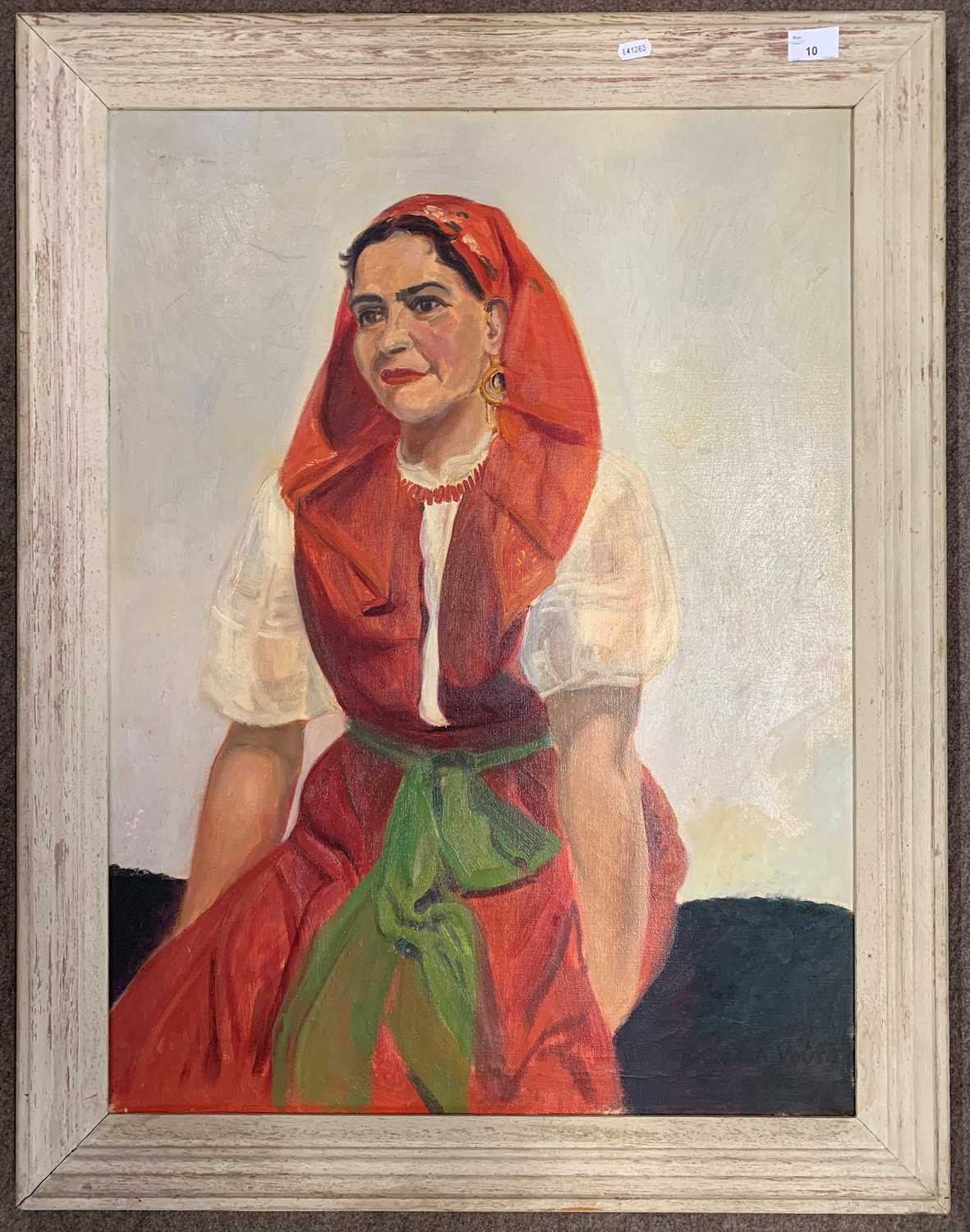 Mediterranean School, circa 20th century, Portrait of a lady wearing a red head scarf and dress, oil