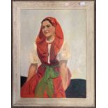 Mediterranean School, circa 20th century, Portrait of a lady wearing a red head scarf and dress, oil