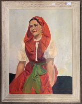 Mediterranean School, circa 20th century, Portrait of a lady wearing a red head scarf and dress, oil