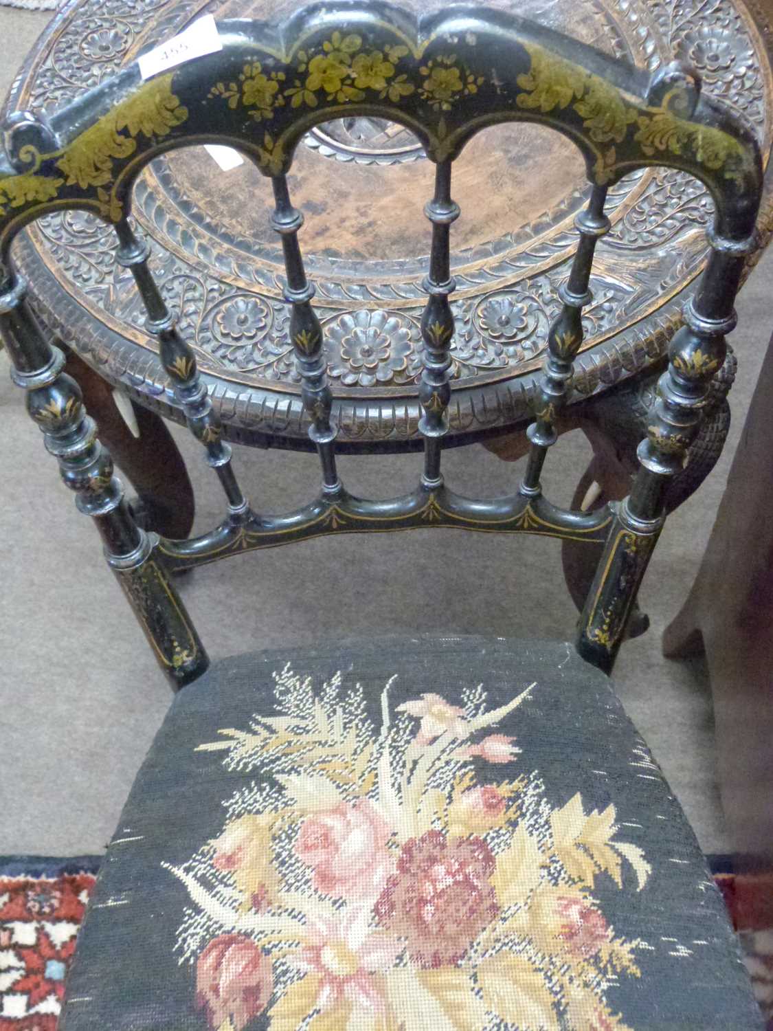 A Victorian ebonised and gilt painted side chair with spindle turned back and tapestry seat, 87cm - Image 2 of 2