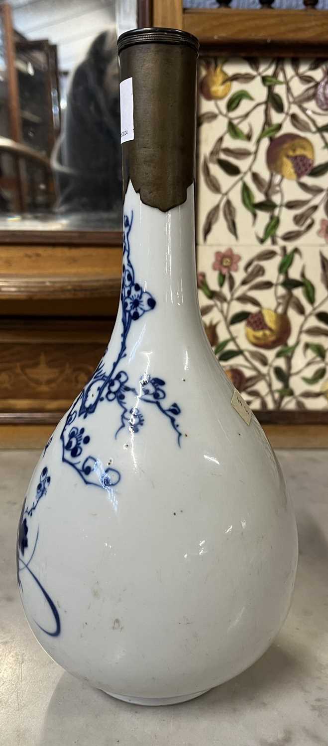 A Chinese porcelain vase, baluster body with blue and white decoration and metal repair to rim - Image 3 of 8