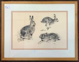 John Paley (British, 20th century), A study of a hare in three positions, charcoal on paper, signed,