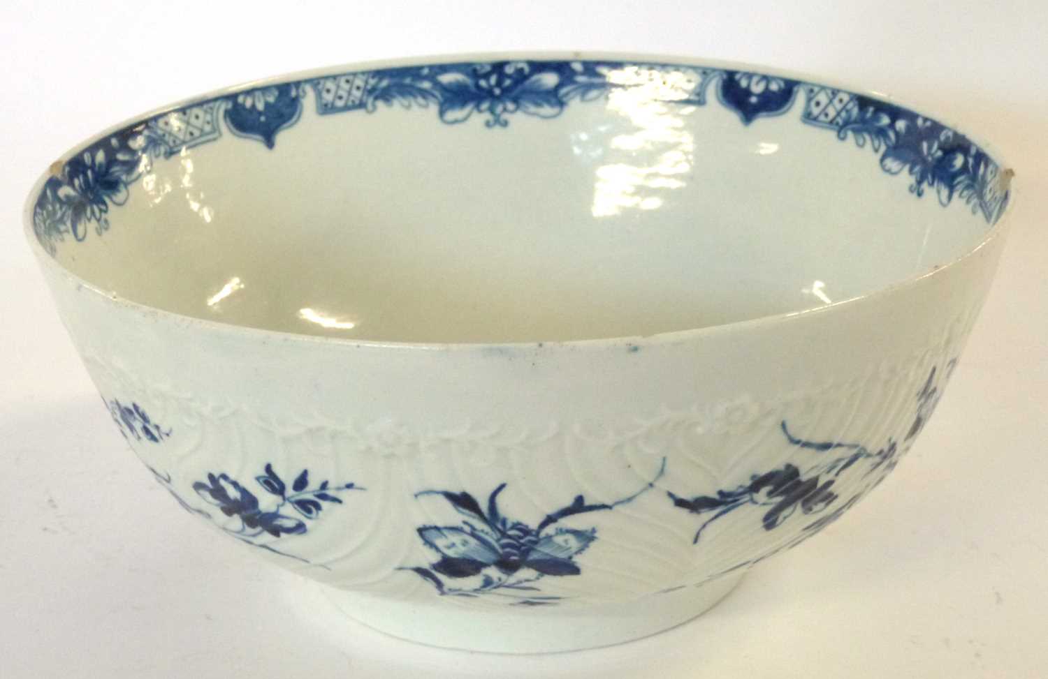 An 18th Century Worcester porcelain punch bowl the moulded body painted in blue with the rare - Image 2 of 5