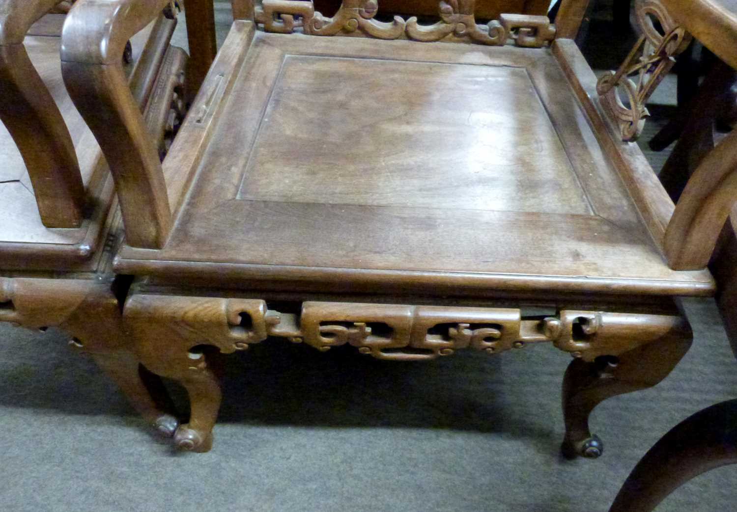 A pair of Chinese hardwood chairs with pierced floral decorated backs, 91cm - Image 4 of 4