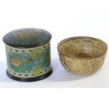 A small Studio Pottery bowl and lacquered tin with printed design