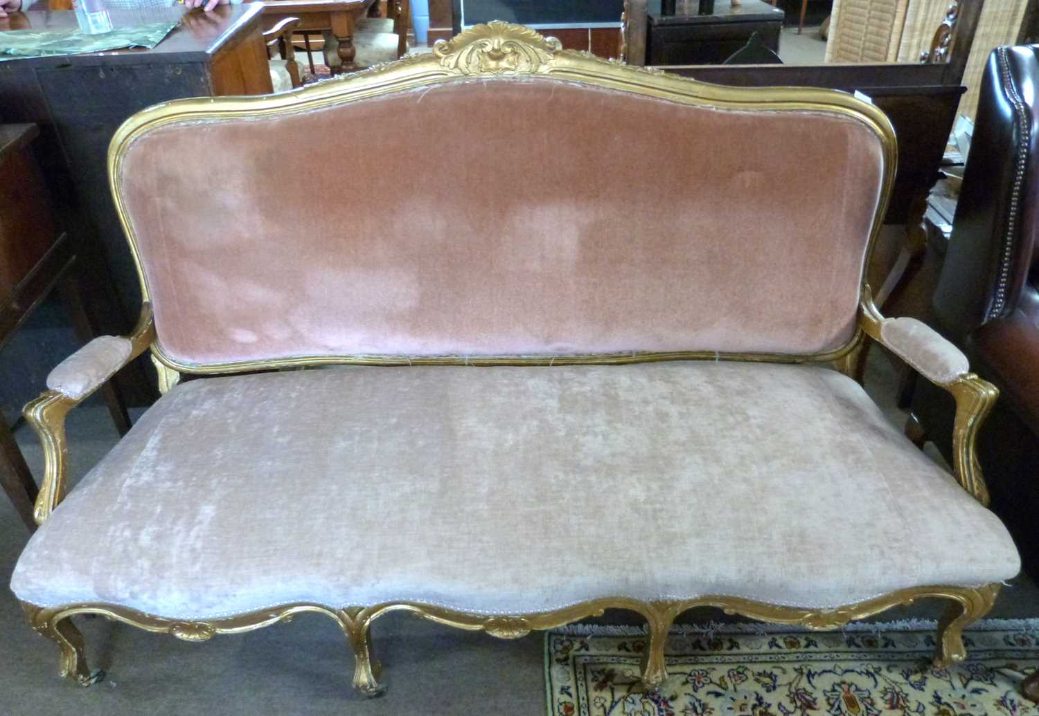 19th Century gilt wood framed sofa with arched back, open arms and serpentine front, upholstered - Image 2 of 2