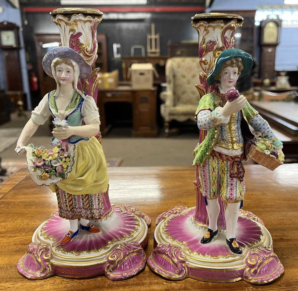Pair of continental porcelain Minton style candlesticks modelled as fruit and flower sellers, 24cm - Image 2 of 13