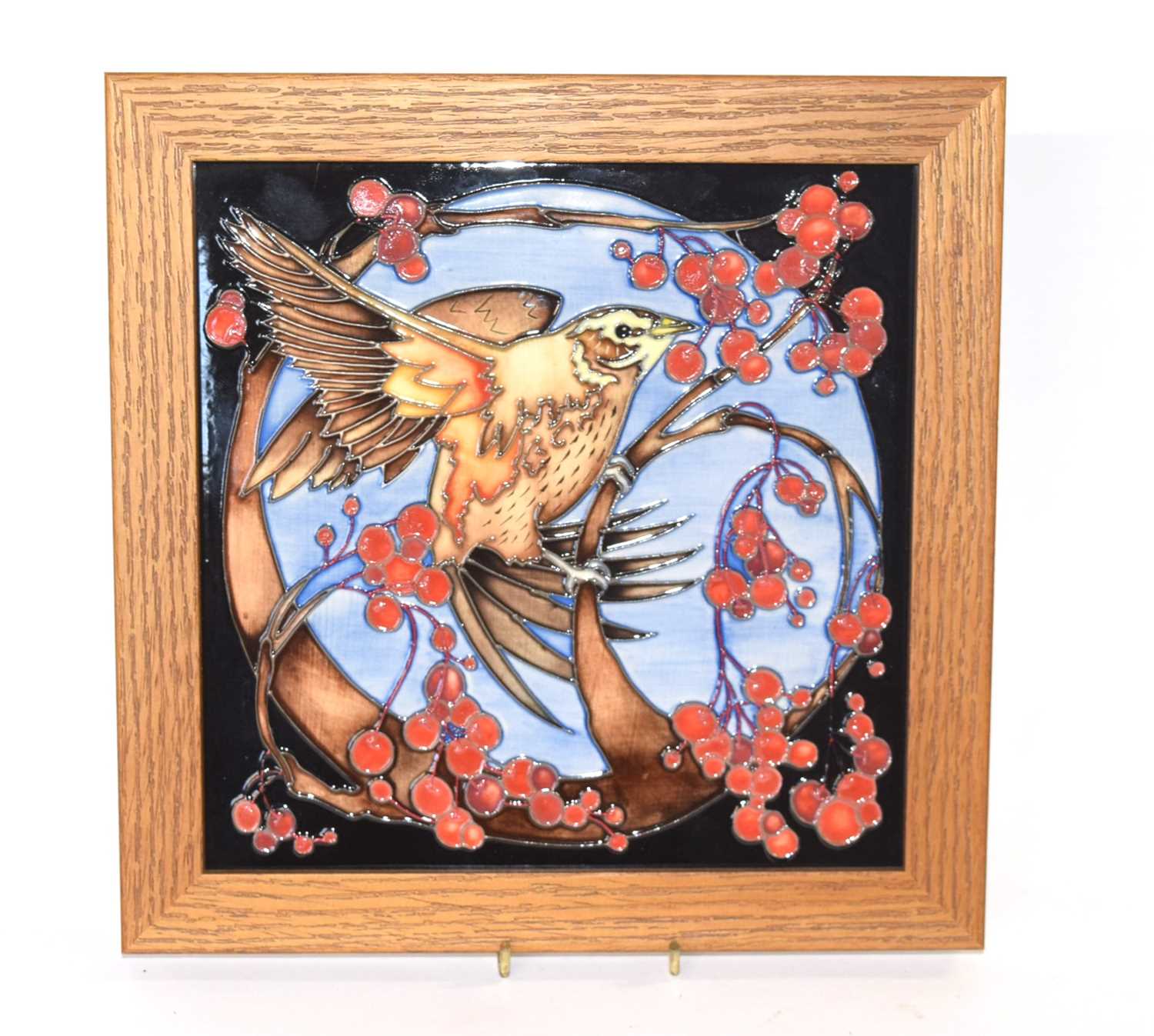 A Moorcroft square plaque in oak frame, the base signed Vicky Lovatt, dated 2016, example number 1