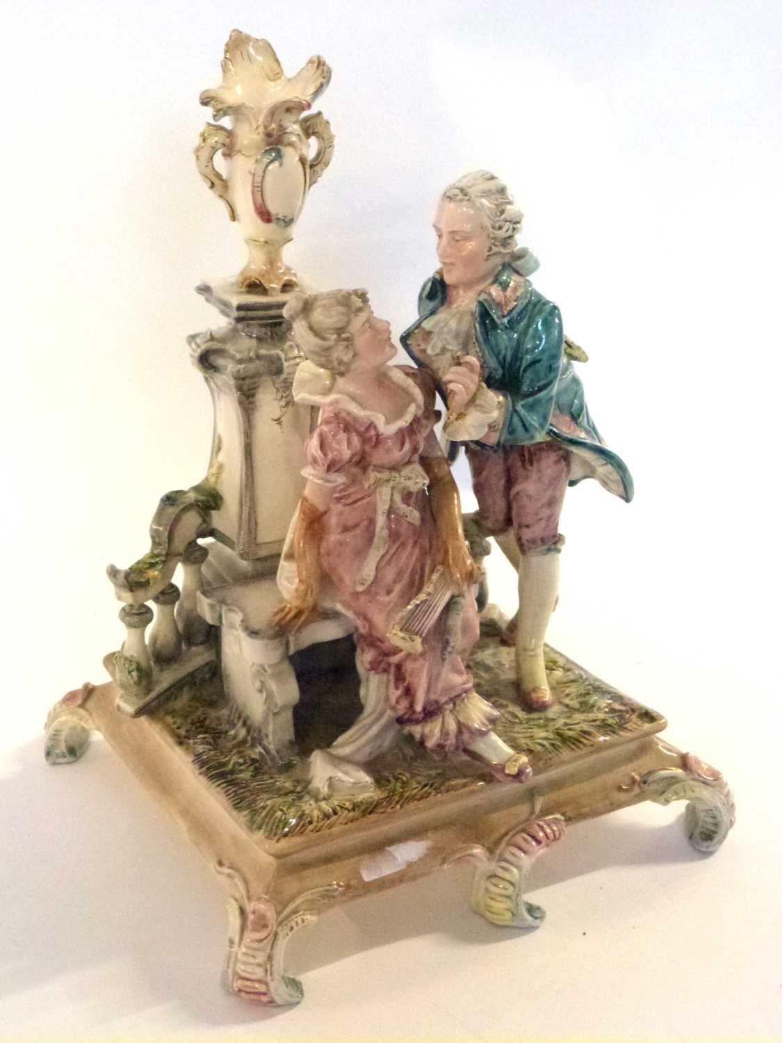 19th Century French Pottery Group of a courting couple decorated in majolica glazes on a rectangular - Image 2 of 2