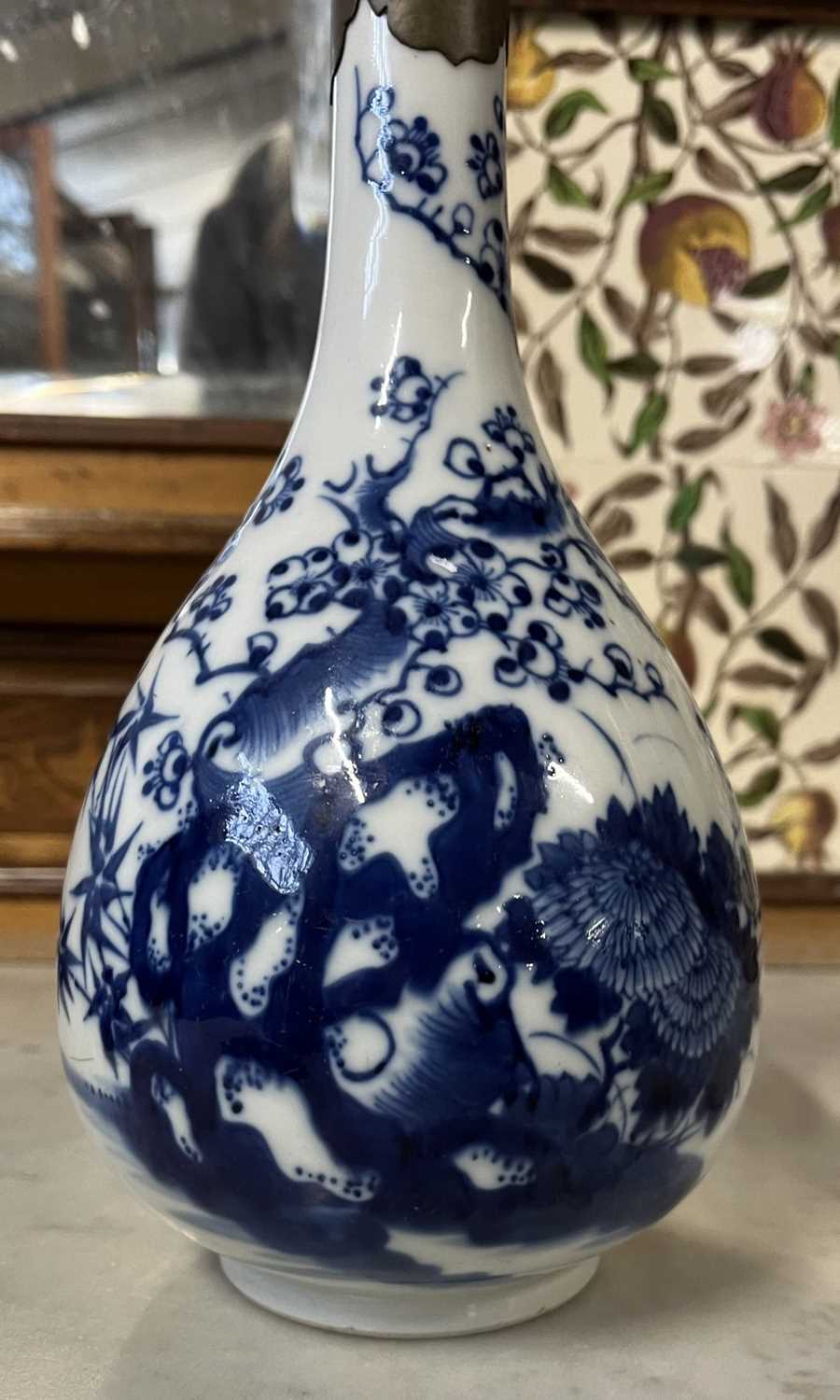 A Chinese porcelain vase, baluster body with blue and white decoration and metal repair to rim - Image 2 of 8