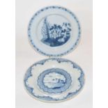 Two 18th Century English Delft plates, possibly Bristol, one with chinoiserie design together with a