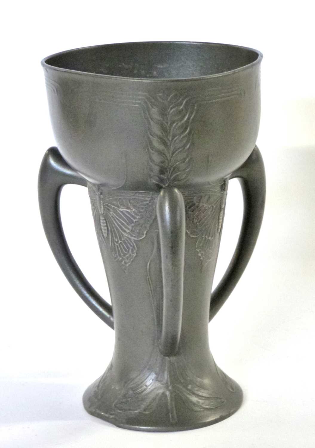 A German Jugendstil three handled pewter vase c1900 by the Kayserzinn Factory. Designer Hugo