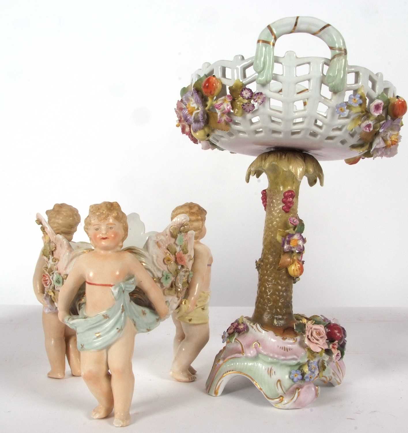 A continental porcelain centre piece modelled as a pierced basket with floral decoration on a tree - Image 7 of 9