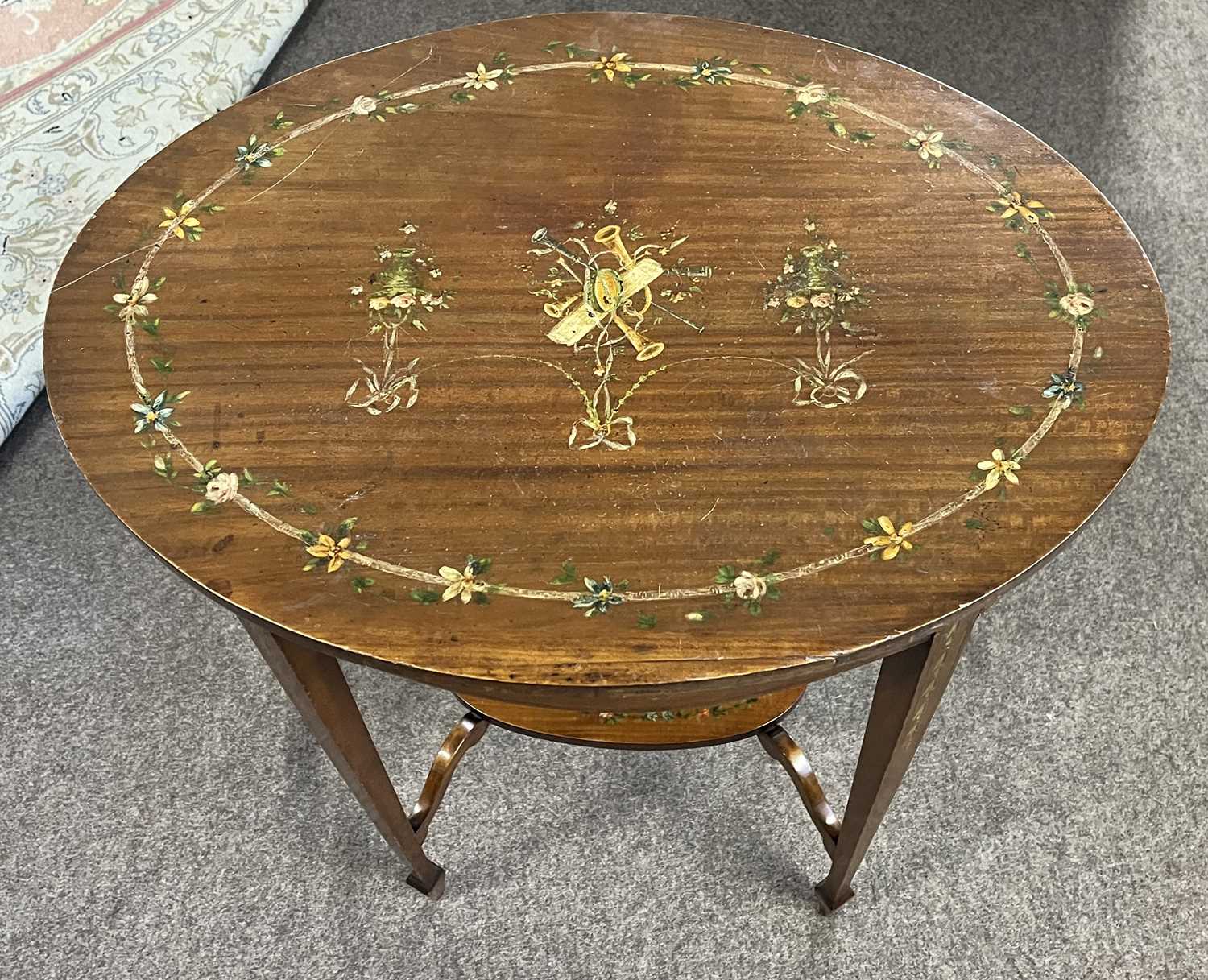 An Edwardian mahogany oval occasional table decorated with a painted floral design, 60cm wide - Image 2 of 4