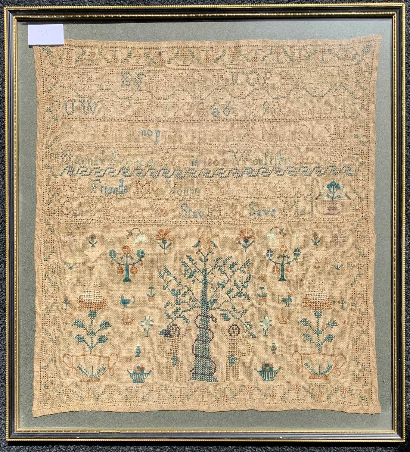 19th century needlework sampler, 'Hannah Proctor. Born in 1802 worked this in 1815. My Friends My