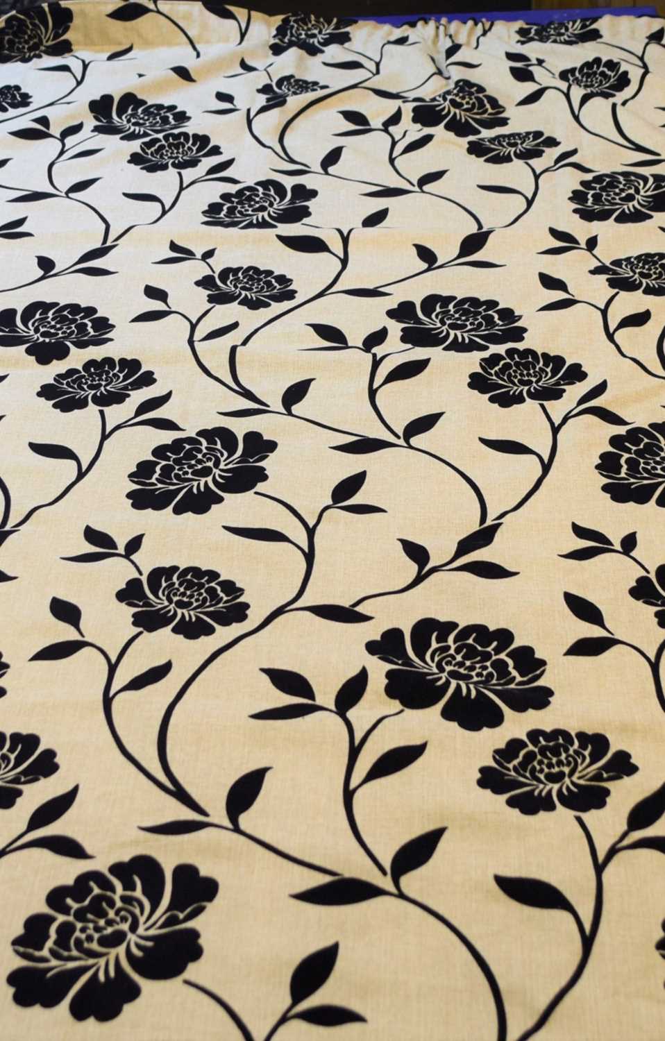 A pair of beige and black floral velour patterned curtains, lined, each approx. 152cm wide by - Image 2 of 2