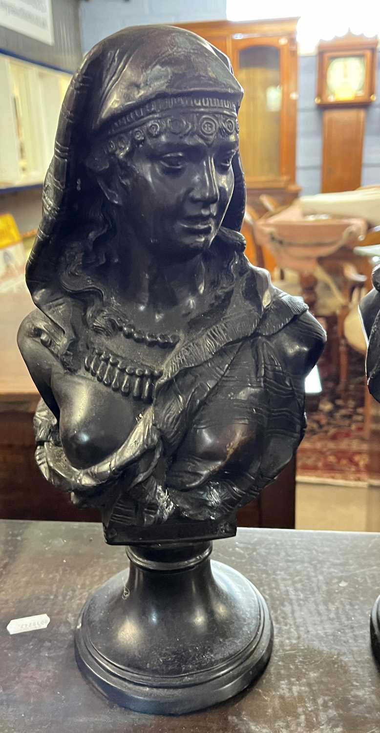 After Buese a pair of small bronzed metal busts of a Middle Eastern lady and gent, the gent signed - Image 2 of 4