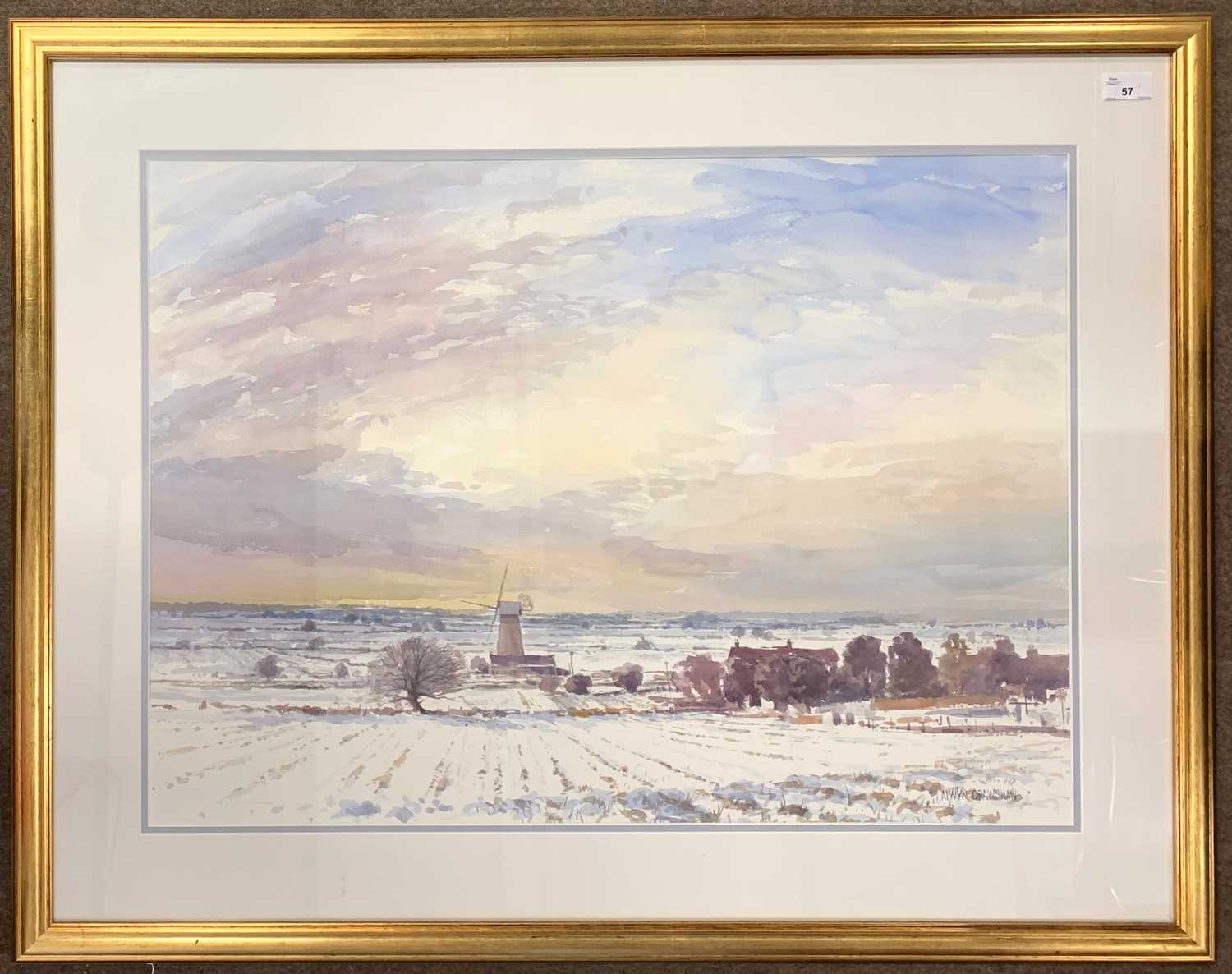 Alwyn Crawshaw (British, b.1934), 'Snow at Thurnemouth Norfolk', watercolour, signed, 53x74cm,