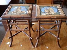 Pair of Victorian bamboo framed and tile topped occasional tables or plant stands, the tiles by