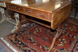19th century mahogany drop leaf sofa table with two frieze drawers raised on end supports with