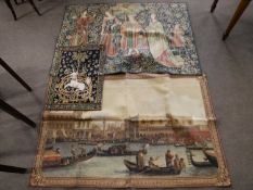 Group of three 20th century needlework wall hangings in the medieval style decorated with figures,